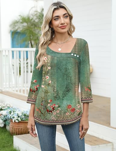 Kistore Kistore Damen Mode Elegant Bluse 3/4 Ärmel Langarm Sommer Top Unregelmäßiger Kragen Tunika Lässig Locker Boho Oberteil 2026 Frühling Shirt (L,Grüner Retro-Druck) - Detailansicht 2 | TV | Video | Foto