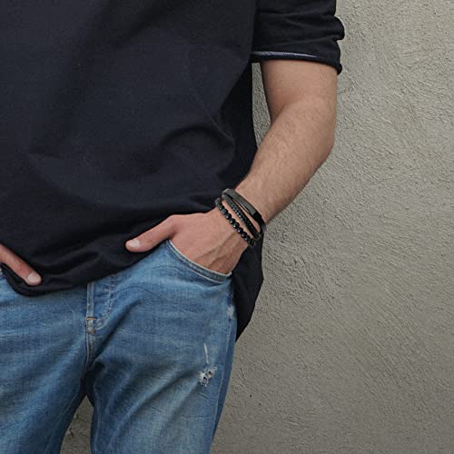 Mens Tiger Eye Matee Black Onyx Lava Rock Volcanic Stone Beaded Bracelet, Black Braided Leather Bracelet for Men3