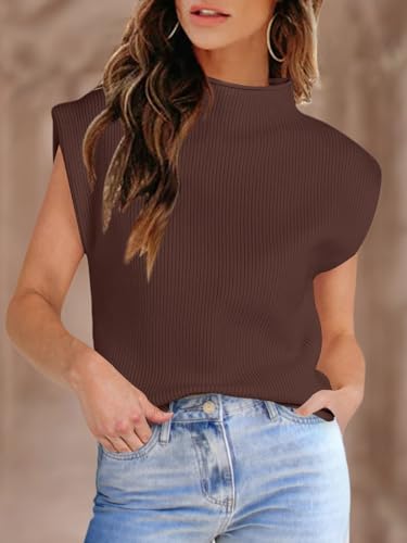 Image of Womens Sleeveless Sweater Vest Turtleneck Ribbed Knit Tank Tops Basic Slim Fit Top