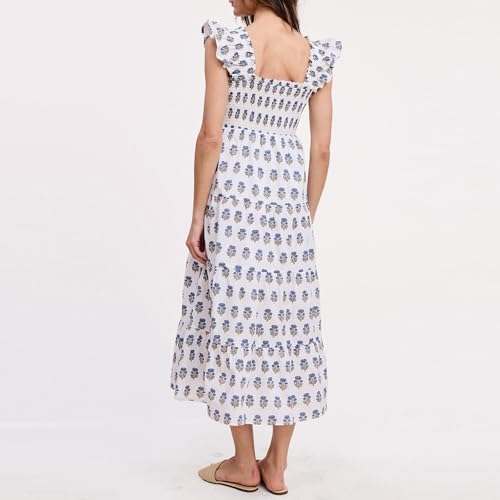 Image of Women Patchwork Dress Y2k Floral Puff Short Sleeve Maxi Dress Summer Boho Smocked Tiered Ruffle Beach Sundress