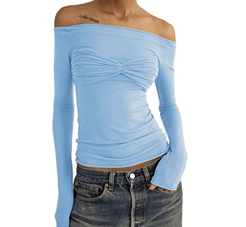 Meladyan Women Off Shoulder Ruched Sheer Mesh Sexy Tshirt