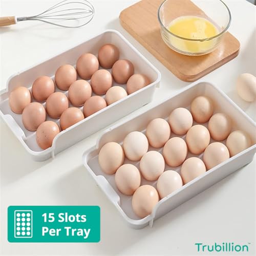 Image of EggDeck Stackable Egg Tray Set of 3,45 Egg Storage,15 Slots Per Tray,Space-Saving Organizer for Fridge,White Matte Finish,Tabletop & Cabinet,BPA-Free,Durable,Detachable,Freezer Safe (White)