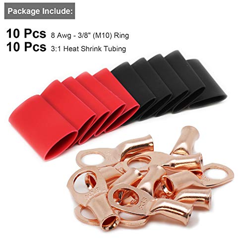 Image of 10Pcs 8AWG-3 /8 inchRing Copper Battery Lugs Wire Lugs,UL Listed Heavy Duty Battery Cable Ends,AWG Crimp Wire Ring Lugs,Terminal Connectors with 3:1 Heat Shrink Tubing.