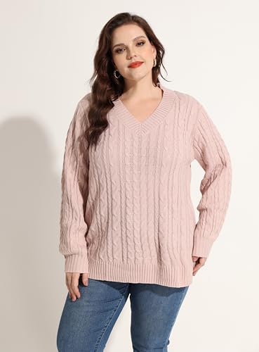 Image of CARCOS Plus Size Sweaters for Curvy Women Long Sleeve Cable V Neck Sweater Knit Pullover Preppy Style Fall Winter XL-5XL