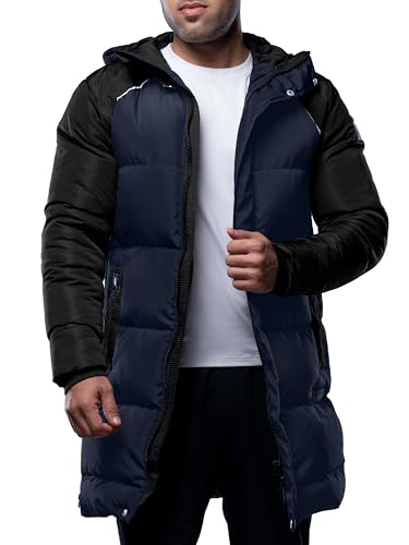 Image of URBAN BUCK Mens Puffer Jacket with Hood Midweight Lonnie Blue Long Parka Winter Recycled Down Men Ski Coat (M)