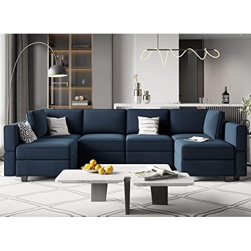 Belffin Modular Reversible Sectional Sofa U Shaped Couch with Storage Seat with Chaise Velvet Blue… Blue U Shape Sofa-2