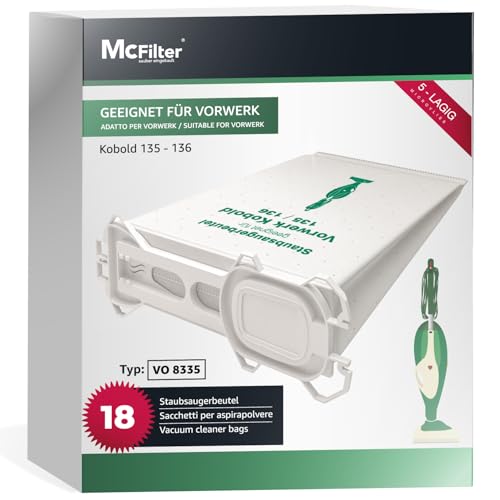 McFilter I 18 Staubsaugerbeutel kompatibel mit Vorwerk Kobold VK 135 136 135SC VK135 VK136 Staubsauger mit Hygieneverschluss I Alternative für FP135/136 I 5-lagig aus Vlies I Beutel-Typ VO 8335