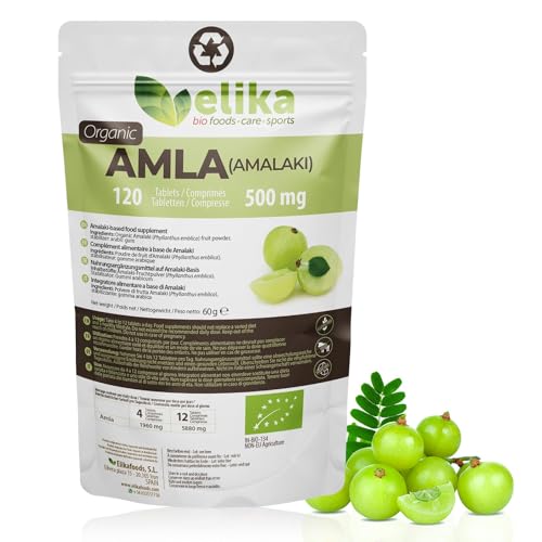 Amla Elikafoods® ORGÁNICA. 120 comprimidos de 500mg. Fortalecimiento y brillo de cabello y piel. Gran cantidad de Vitamina C, minerales y antioxidantes. Vegana y sin gluten. Fácil ingestión.