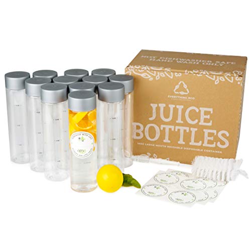 Everything Eco Wide Mouth Empty Plastic Bottles with Caps and Bottle Brush. 12x 16 oz Bottles - Clear Bottles for Smoothie Bottle, Juice Bottles with Lids, Sensory Bottles Empty Bottles and Juicing