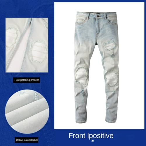 Jeans Pants Trousers Denim Retro Light Blue Trendy Street Worn Hole Piercing Patch Elastic Stretch Slim Fit Tight Casual Straight Leg for Men(Light Blue,29)4
