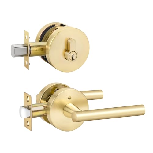 Image of Goldenwarm 1 Pack Exterior Gold Door Handle with Deadbolt, Single Cylinder Deadbolt and Entry Door Handle Set,Brushed Gold Front Door Lock Set