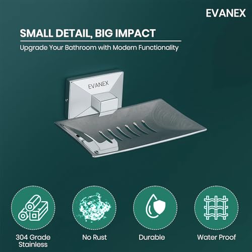 Image of EVANEX Soap Dish for Bathroom | 304 Grade Stainless Steel Soap Dish Tray | Wall Mounted Soap Holder with Drainage Slots | Corrosion Free Modern Design (Vento)