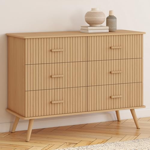 IDMarket Commode 6 tiroirs Juliette 110 cm Effet Lattes tasseau Bois Coloris chêne - vue 2