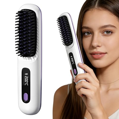 DAJASD Mini Straightening Brush, 2-in-1 Wireless Straightening Brush with LED Display and 3 Heat Levels, 160-200°C Straightening Brush Wireless, Rechargeable, for Hair and Styling Beard (White)