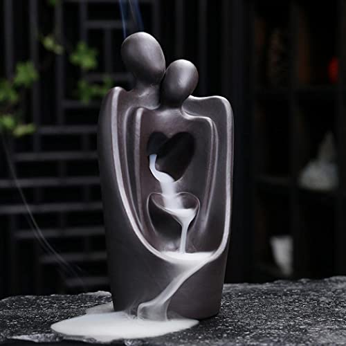 Hugging Lovers Backflow Incense Burner Waterfall Ceramic Incense Holder, Handcraft Censer Set for Home Decor Aromatherapy Ornament With Incense Cones Sticks Tweezer Mat