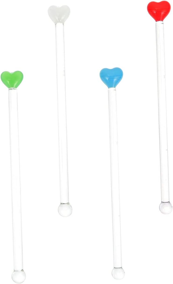 Mikinona 4pcs Handmade Glass Stirrers Heart Drink Mixers for Cocktails Bar Office Accessories Reusable Stir Sticks