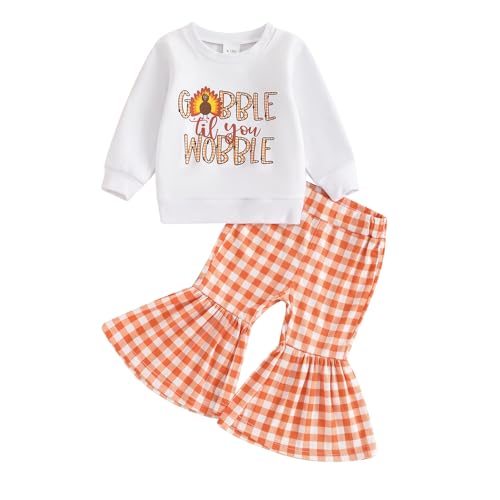 Image of Karuedoo Toddler Baby Girl Thanksgiving Outfit Letter Print Crewneck Long Sleeve Sweatshirt Top and Flared Pants Set(White, 12-18 Months)