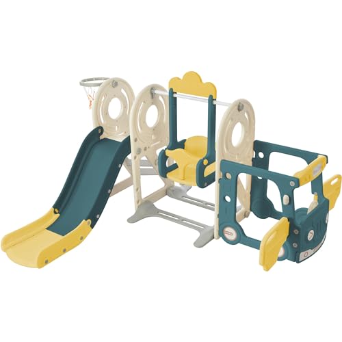 Baby Slide and Swing Set Freestanding Slide Toddler Climber Swing Set Infant Playground Play Set Indoor Outdoor Long Slide Baby Playground Activity Center Kid Play Equipment (Bus-Green)