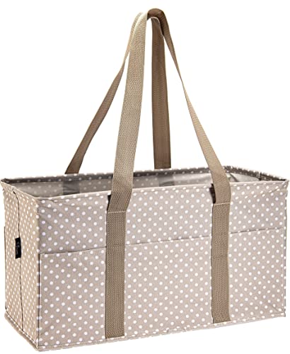 Image of Pursetti Extra Large Utility Tote Bag for Women with 6 Exterior Pockets - Perfect as Beach Bag, Pool Bag, Laundry Bag, Storage Tote for Ballgame, Beach, Pool, Home & Dorm (Extra Large, Beige Dots)