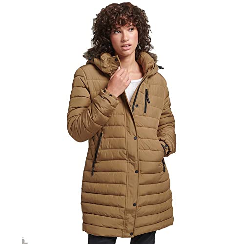 Superdry Womens Faux Fur Hooded Mid Length Puffer Jacket, Sandstone, 12