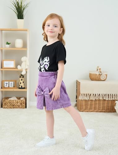 Image of Azmxynol Kid Girls Clothes Outfits Bowknot T-Shirt + 2 In 1 Denim Short Skort Summer Clothing Set, Size 4-10 Years