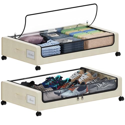 Under Bed Storage with Wheels, XXL 60L Under the Bed Storage Bins, Underbed Storage Containers with Lids & Label, Rolling Metal Drawer for Shoes, Clothes, Books, Toys (2-Pack Beige)