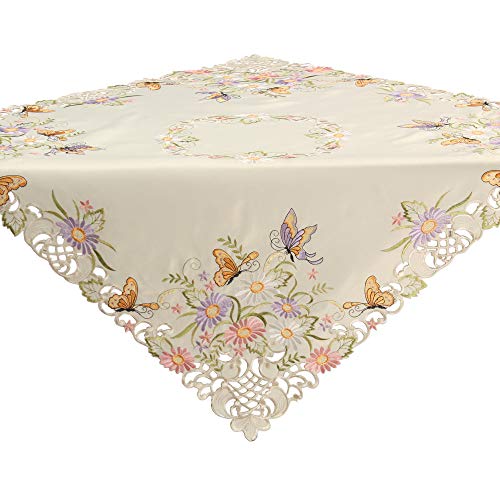 Quinnyshop Bunte Blumen Schmetterling Stickerei Mitteldecke 85 x 85 cm Polyester, Ecru / Creme