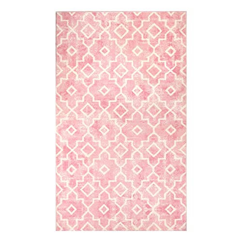 Wonnitar Moroccan Washable Area Rug - 3X5 Nursery Rug Pink Non-Slip Soft Bedroom Dorm Room Distressed Throw Mat Modern Geometric Trellis Floor Carpet For Home Office Bathroom Kids Room #TOP1