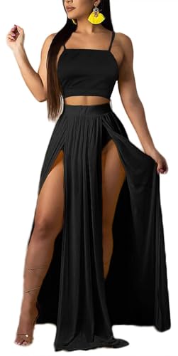 Image of Women Sexy 2 Piece Outfits Dress Chiffon Strap Deep V Neck Bra Crop Top High Split Maxi Dresses Skirt Set