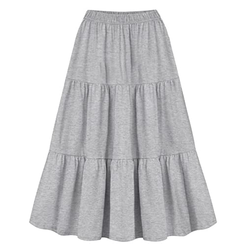 Women's Elastic High Waist Pleated A-Line Skirts Flowy Swing Ruffle Tiered Medium Length Casual Solid Color Skirt