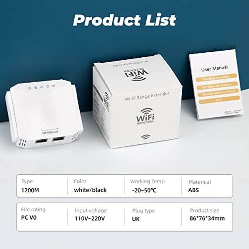 Dursilre WiFi Extender Booster 1200Mbps WiFi Booster Range Extender 5GHz & 2.4GHz Dual Band WiFi Repeater 4 Antennas Broadband Extender Booster with Ethernet Port, UK Plug