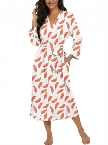 Image of VINTATRE Robes for Women Long Knit Bathrobe XS-4XL | 3 /4 Sleeve Bathrobes with Pockets, Stretchy and Lightweight Fabric, Inner Tie and Fixed Outer Matching Belt, Mid Calf Length
