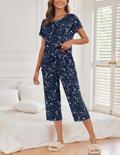 Ekouaer Women's Capri Pajama Sets Floral Print Short Sleeve Sleepwear Top and Capri Pants 2 Piece Loungewear with Pockets2