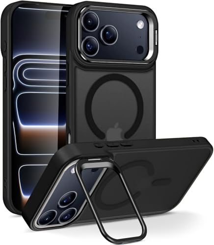 Image of Elzzi Translucent Matte Kickstand Case for iPhone 17 Pro, Built-in Adjustable Camera Stand, Translucent Matte Magnetic Mag-Safe Shockproof Phone Cover (Black new)