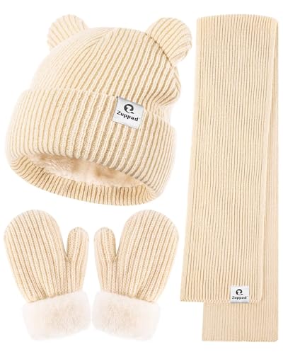 Image of Baby Beanie Mittens Scarf Set,Toddler Infant Kids Winter Hat with Bear Ear Thermal Gloves Neck Warmer Set for Girls Boys