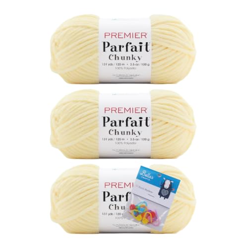 Image of Premier Yarns Parfait Chunky Chenille 3.5 Oz Super Bulky Weight 3 Pack Bundle with Bella's Stitch Place Holders (Custard)