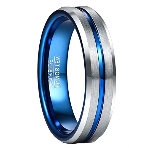 GALANI Ring Blau Herren Damen Wolfram Ring für Hochzeit Verlobung Versprechen Jubiläum Paar mit Silber Gebürstetes Geburtstag Geschenk 6mm Größe 57(18.1) Cover