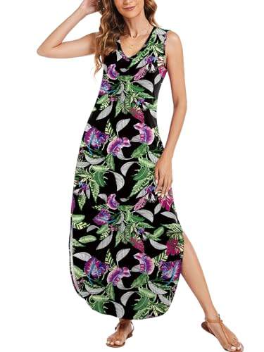 Image of Arolina Maxi Dress for Women Tropical Summer V Neck Sleeveless Split Long Beach Dresses Casual Loose Sundress with Pockets