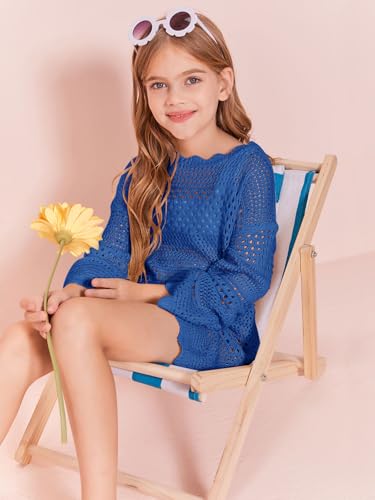 Image of Batermoon Girls Crochet Long Sleeve Swimsuit Cover Up Kids Fashion Hollow Out Swimwear Beach Dress 5-14 Years