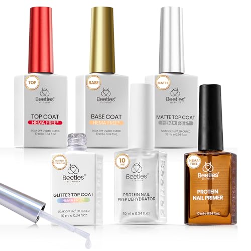 Gelab cosmetics LLC Beetles Builder Gel and Extra Glossy Top Coat No Wipe for Nails with Nail Brush, 15ml Low Heat Hypoallergenic Clear 7 in 1 Builder High Shine Long Lasting Top Coat Gel Nail Polish