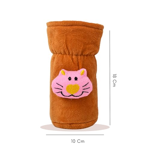 Image of Soft Plush Stretchable Baby Feeding Bottle Cover Easy to Hold Strap with Cute Animated Cartoon| Suitable for 60-125 Ml Feeding Bottle (Brown-Peach)