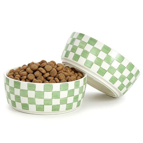 Howise 6.4 inch Ceramic Hand Painted Basic Dog Bowl Set of 2 with Anti-Skid Rubber Base Food and Water Bowls for Small Pets Green