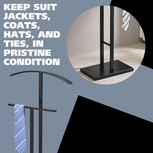 Image of Kings Brand Furniture Dossi Modern Metal Suit Valet Stand, Clothes Rack Organizer with Jacket, Pants & Tie Holder, Space-Saving Garment Rack for Bedroom or Closet (Black)