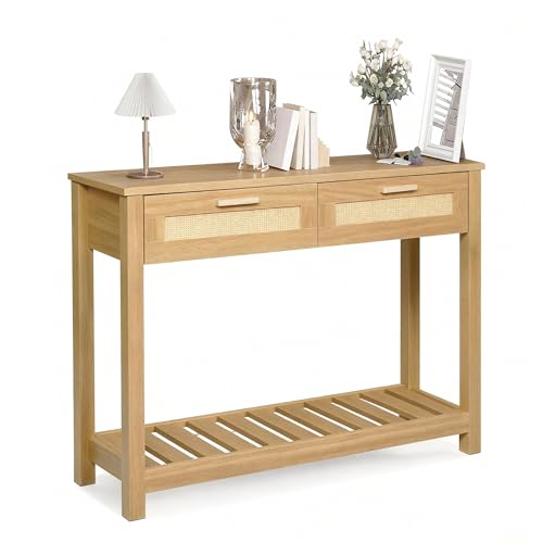 GRAVFORCE Konsolentisch schmal Console Table mit 2 Schublade, offene Ablage, Beistelltisch mit Kippschutz Flur Möbel, Sofatisch für Eingang, Wohnzimmer, Rattan