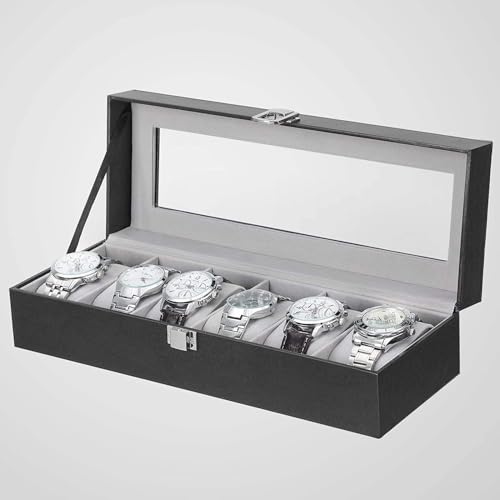 Image of Leather Watch Organizer with Glass Display - 6 Slot Watch Box for Men & Women (Watch Not Include), Durable Display Case for Watch Enthusiasts (Black&Grey)
