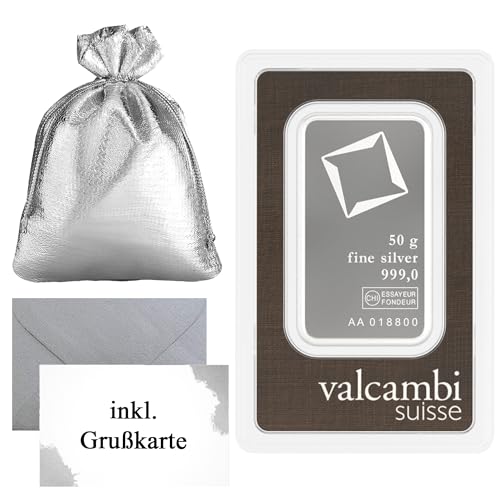 Silberbarren Valcambi Suisse 999 Feinsilber im Originalblister Silbergeschenk mit Geschenkbeutel & Grußkarte (50g Silberbarren)