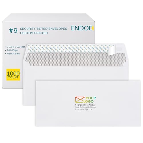 #9 Custom Printed Security Envelopes Self Seal 1000 Pack, customized with your Address and Logo Envelopes Peel & Seal, Privacy Tinted, 24 lb Heavy Duty Paper, 8 7/8 x 3 7/8 Inches