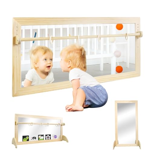 LAKNUAL Montessori Mirror with Bar Adjustable Wood Baby Pull Up Bar Floor & Wall Shatterproof Safety Infant Coordination Montessori Furniture for Home Daycare or Preschool