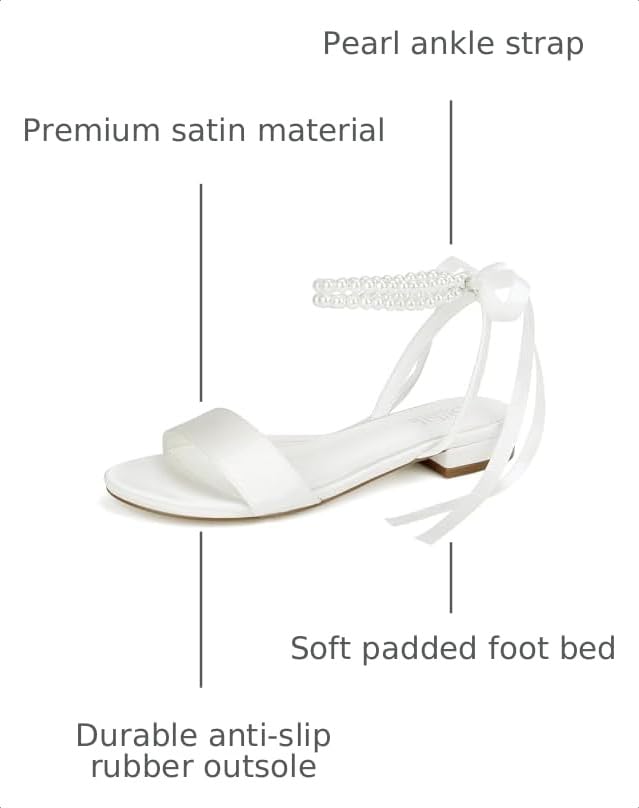 Image of Satin Wedding Flats for Bride Pearl Sandals Open Toe Bridal Shoes Flat Wedding Shoes for Bride
