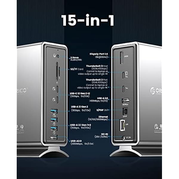 ORICO Thunderbolt 3-docka, 15-i-1 Thunderbolt dockningsstation 40 Gbit/s med 8K@30 Hz, PD60W, 2 x USB-C 3.1 Gen 2, USB-A 3.1 Gen 2, 2 x USB-A 3.1 Gen 1, Gigabit Ethernet för MacBook Mac och Windows (silver)